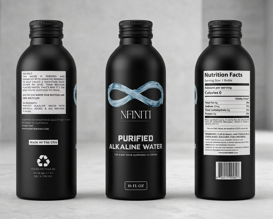 Nfiniti Purified Alkaline Water (Black Aluminum Bottle – 16 FL OZ)