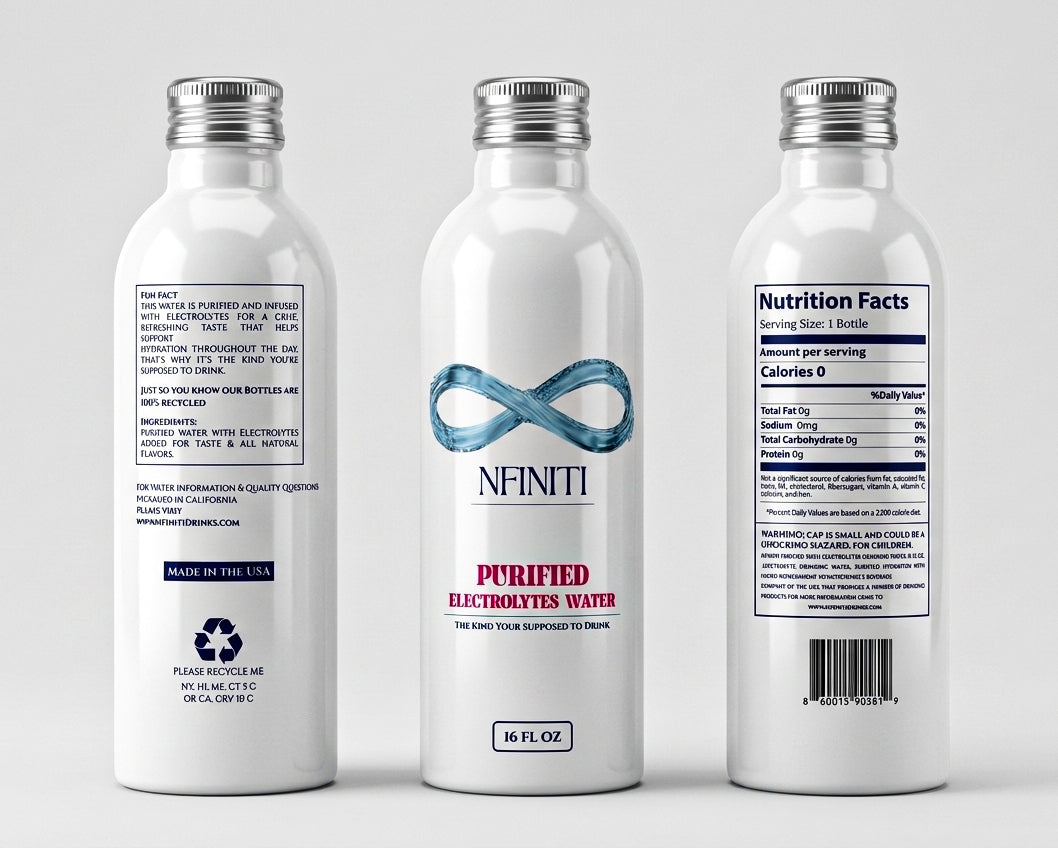 Nfiniti Purified Water with Electrolytes (White Aluminum Bottle – 16 FL OZ)